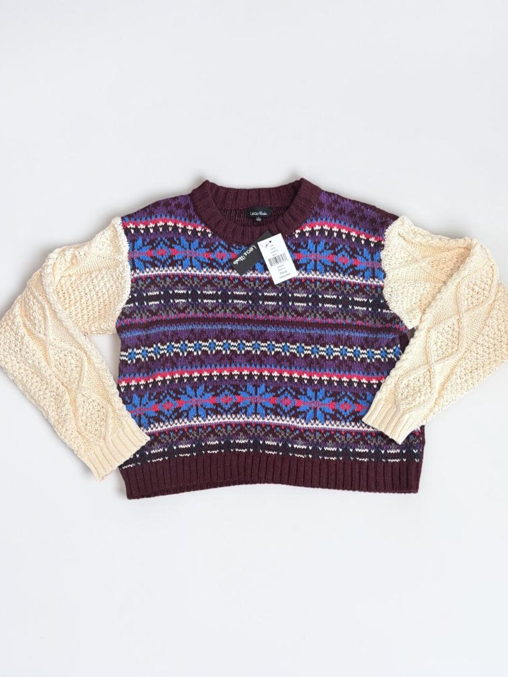 NWT Lea & Viola Fair Isle Cable Knit Sweater Size Large Boho Cozy Winter